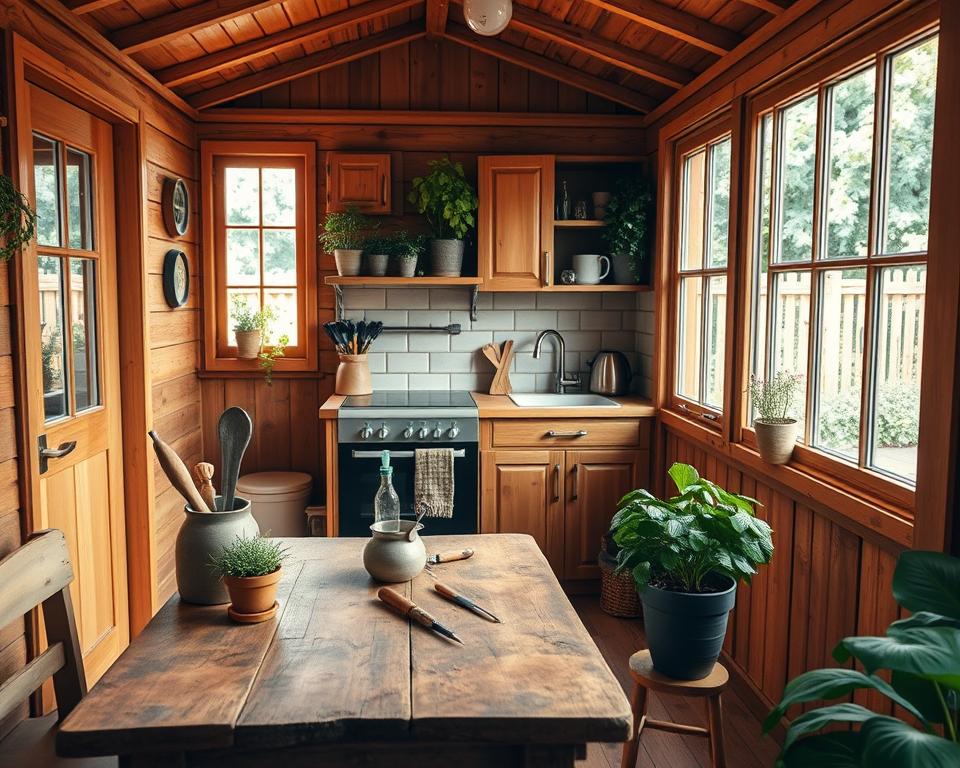A cozy and well-designed garden kitchen inside a wooden garden house, featuring a small yet efficient layout. In the foreground, a rustic wooden kitchen table set with tools and plants, giving an inviting feel. The middle section showcases a compact kitchen area with modern appliances, including a stove and sink, surrounded by wooden cabinetry adorned with potted herbs. The background reveals large windows letting in natural sunlight, with a picturesque view of a lush outdoor garden, enhancing the atmosphere. The mood is bright and cheerful, evoking a sense of tranquility and creativity in this functional space. Soft, warm lighting enhances the wood textures and plants, creating an inviting and harmonious environment.