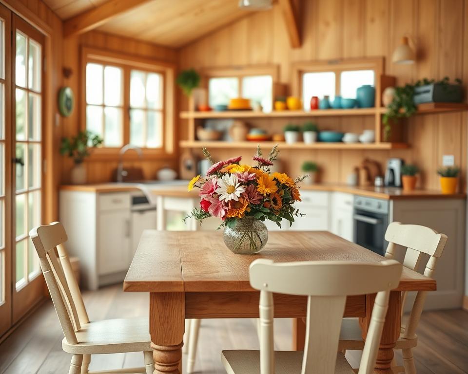 A cozy kitchen interior in a wooden garden house featuring bright, cheerful colors. In the foreground, a charming wooden dining table adorned with a vibrant floral centerpiece, surrounded by light-colored chairs. The middle ground showcases a stylish kitchen counter with open shelving displaying colorful dishware and decorative plants. The background reveals warm wooden walls and large windows allowing natural light to flood the space, creating an airy atmosphere. Soft, diffused lighting enhances the overall warmth and vibrancy of the colors. The scene conveys a sense of spaciousness and joy, ideal for a small kitchen setting. The composition captures a serene and inviting mood, perfect for a functional yet beautifully decorated kitchen.