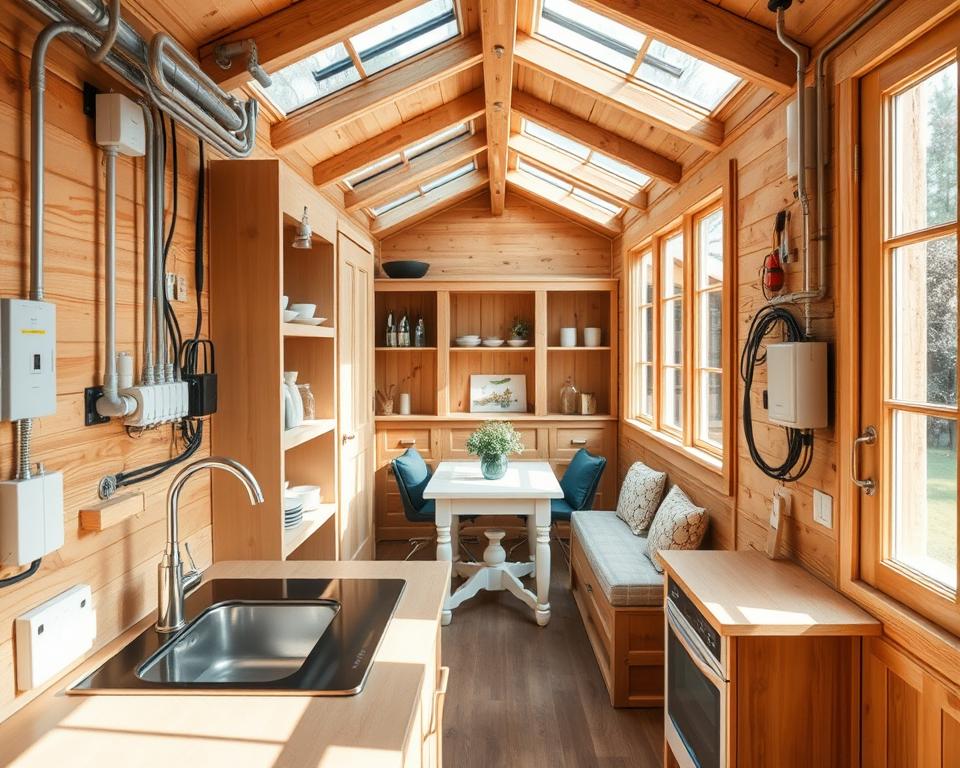 A cozy, well-lit wooden garden house interior showcasing electrical and plumbing installations. In the foreground, a compact kitchen area with modern appliances like a sink, induction cooktop, and a stylish faucet. Visible wiring and pipes are neatly organized along the walls, demonstrating a practical setup. In the middle, a small dining table set against a backdrop of wooden shelves filled with kitchen essentials. The background features large windows allowing natural light to stream in, illuminating the space and creating a warm, inviting atmosphere. The scene conveys a sense of functionality and comfort, highlighting the integration of essential utilities in a rustic garden setting.