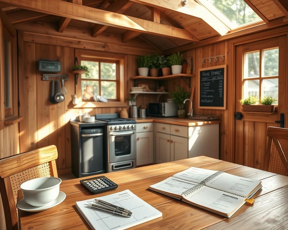 A cozy wooden garden house kitchen, designed for budget-conscious planning. In the foreground, a small dining table set with simple, elegant tableware and a budget planning notebook open with a calculator beside it. In the middle, compact kitchen essentials like a small stove, a sink, and shelves with organized utensils, herbs in pots, and a chalkboard with a budget summary. The background features sunlight streaming through a window, illuminating the wooden beams and rustic decor, creating a warm and inviting atmosphere. Soft, natural lighting enhances the calming mood, emphasizing the practicality of a charming garden kitchen. The scene captures the essence of a functional yet aesthetically pleasing space, perfect for budget planning.