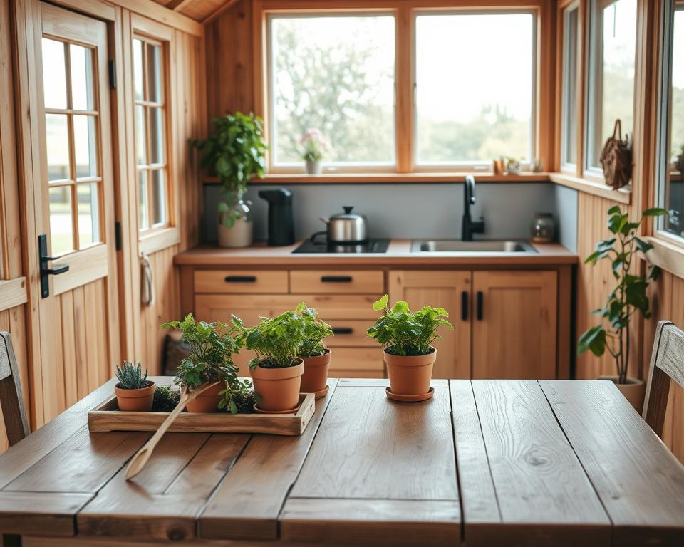 A cozy wooden kitchen setup within a garden house, featuring practical and easy-to-maintain materials. In the foreground, display a rustic wooden table with potted herbs and gardening tools neatly arranged. The middle section showcases sleek, modern kitchen surfaces made from durable materials, with a compact stove and a sink harmoniously integrated. The background features large, bright windows allowing natural light to flood in, highlighting the warm tones of the wood. The mood is inviting and serene, embodying a peaceful garden ambiance. Soft, diffused lighting enhances the textures of the surfaces, emphasizing their practicality. Capture the scene from a slightly elevated angle to encompass the entire setting, creating a sense of depth while focusing on the harmonization of style and function.