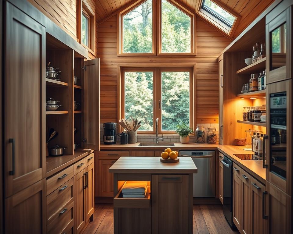 A modern kitchen in a wooden garden house, showcasing optimized storage solutions within cabinetry. The foreground features open kitchen cabinets filled with neatly arranged utensils, pots, and dry goods, demonstrating clever usage of space with pull-out shelves and vertical dividers. The middle ground includes a compact kitchen island with additional storage underneath, illuminated by warm, soft lighting to create an inviting atmosphere. In the background, light streams through windows, highlighting the natural wood finishes of the kitchen and the garden outside. The overall mood is cozy and functional, with a focus on practicality in a small space, captured from a slightly elevated angle to emphasize organization and efficiency in design.